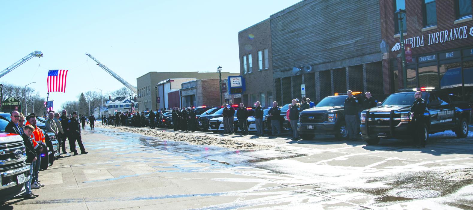 After 33 years as Union County Sheriff, Dan Limoges made his final trip home Feb. 18 from the Union County Courthouse down Main Street of Elk Point and to his residence outside of city limits. Hundreds of law enforcement individuals throughout the state attended Sheriff Dan’s funeral held at the Elk Point-Jefferson High School. Their patrol vehicles lined Main Street and the officers saluted Sheriff Dan and the family as they paid their final respects. Photos by Peterman Photography