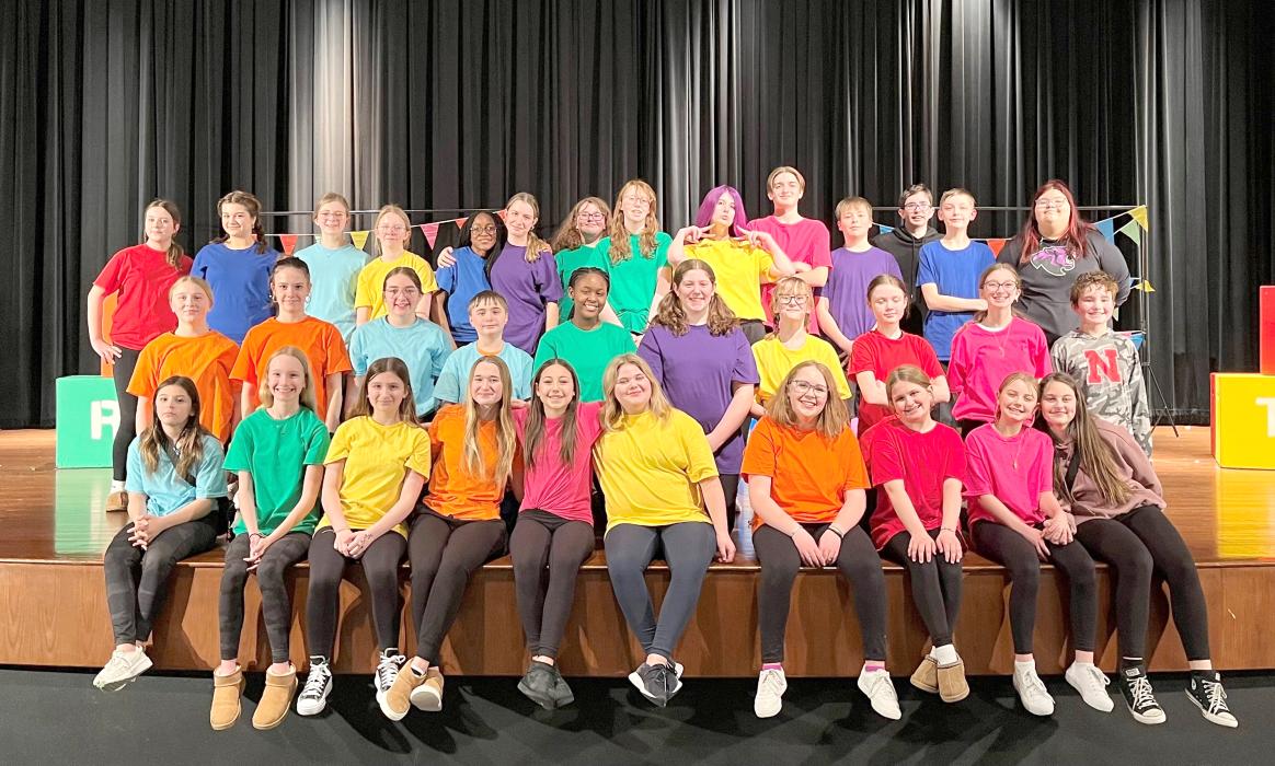 The Dakota Valley Middle School cast and crew performed “Everything You Always Wanted To Know About Your Teachers (but were afraid to ask)” March 11-12. Pictured are, front from left, Layla Cooley, Grace Bockholdt, Bella Hamm, Bella Monical, Claire Kramper, Jayla Jund, Lucy Orris, Maci Mead, Tillie Spates and Naomi Handsaker; middle, Brynn Ramos, Kaylee Kellen, Lillian Peters, Bryce Butler, Kayla Rukundo, Emersyn Thompson, Ione Dirksen, Lydia Taylor, Paislley Vitito and Ryan Koertner; and back, Shaylee Twif