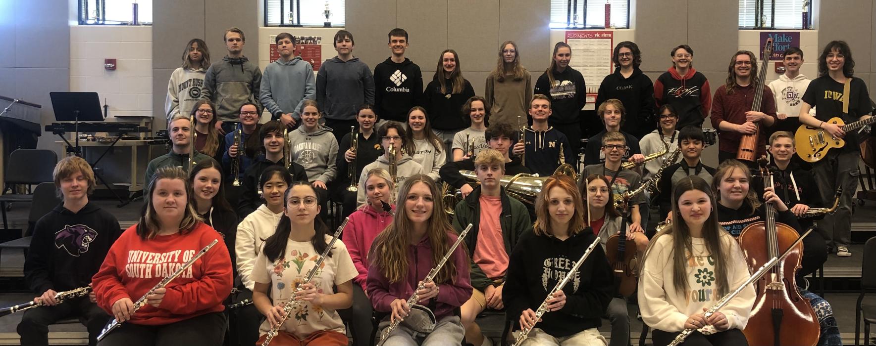 Multiple Panther band students competed in Lennox on Feb. 28. Pictured are, front from left, Jordyn Newman, Shia DeAnda, Kaylee Wieck, Aurora Happe and Kyla Bacan; second, Brendan Lindsey, Mia Riibe, Tyra Yi, Kira Armstrong, Bennett Jensen, Madison DeAnda and Bobbie Gorter; third, James Wakeland, Max Boelter, Owen Oberg, Isaac Klemme, Nathan Rathgeber, David Thieman and Garrett Hanson; fourth, Lauren Messersmith, Chloe Strawn, Stella Carlson, Jae Bacan, Emma Barnett, Lewis Pick, Nick Hanson, Owen Norby and 