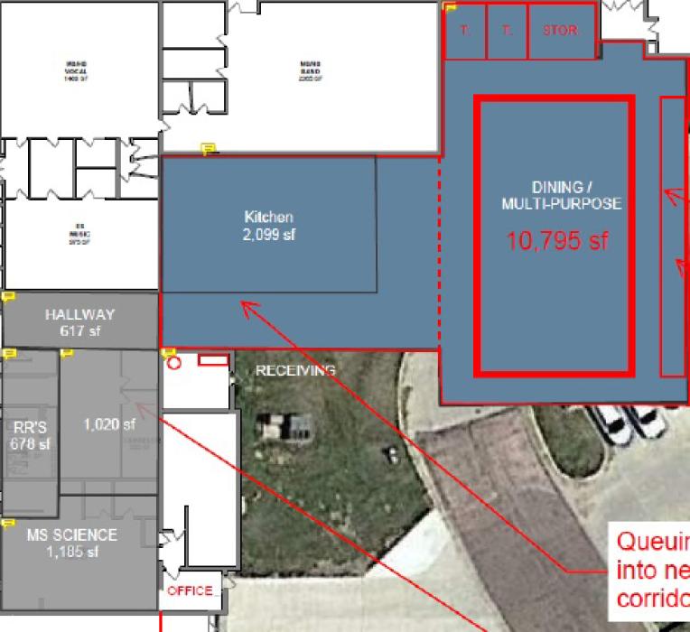 This picture shows the location of the project, also a renovation for the old kitchen to become a middle school science room/ bathroom remodel in the middle school, and a potential office in the middle school for administration. Submitted rendering