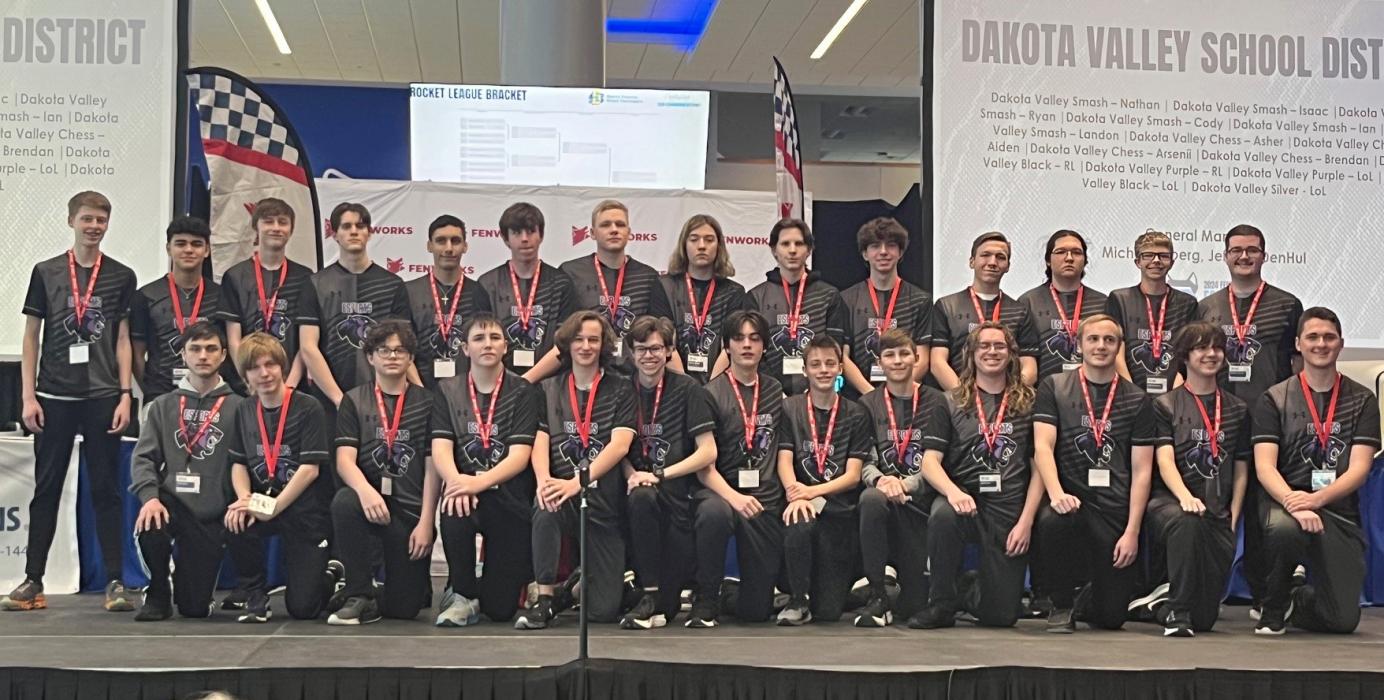 The Dakota Valley Panthers travelled to Brookings, SD to participate in the first-ever state tournament March 22-23. Pictured are Esport athletes, front from left, Eli Honner, Brendan Lindsey, Mitchell Oberg, Ian Greene, Lewis Pick, Preston Kneib, Ryan Schutte, Cody Shutte, Landon Greene, Kaleb Haiar, James Wakeland, Max Boelter and Cooper Orr; and back, Asher Pfeifer, Bryan Cardona, Ben Phillips, Chance Johnston, Ethan Christensen, Ethan Kimsey, Michael Todd, Hunter Wood, Owen Oberg, Issac Klemme, Aiden Ke