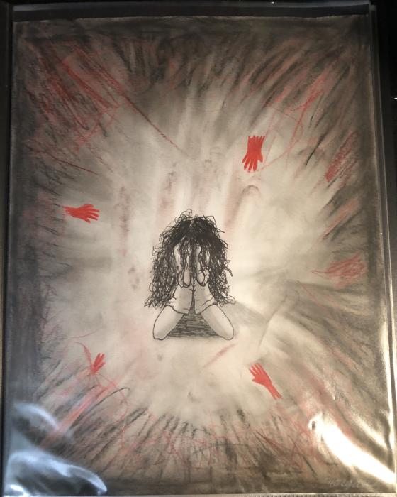 Drawing submitted by Morgan Martin. Martin was given the drawing prompt of: Life is like... Martin titled the artwork: Fighting Silent Demons. “It shows the perspective of teenagers struggling with anxiety, depression, and other mental illnesses as well as the stresses of everyday life.”