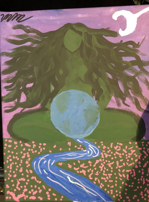 Painting submitted by Morgan Martin. Martin was given the painting prompt of: Where you are right now. Martin titled the painting: The Mother of Life “This shows Mother Nature in a spiritual as well as physical perspective and showcases how (her) as well as nature is the center of all life and space.”