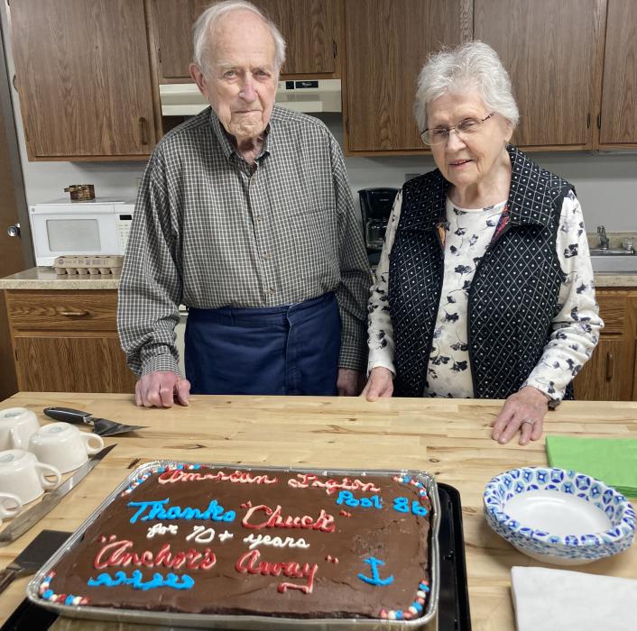 Charles “Chuck” Sundstrom and his wife, Pat, were recognized at the last Alcester American Legion Post 86 meeting April 8. Chuck has been a member of the American Legion for 72 years and Pat for her years with the Auxiliary. Chuck is a Korean War veteran and served as Navy First Class Hospital Corpsman in 1951-55. The cake says “American Legion Post 86 Thanks “Chuck” for 70+ years “Anchors Away”. Submitted photo