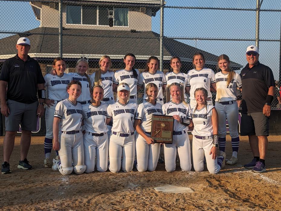 The Panther softball team posed after their SoDak 16 victory, on May 22nd, with their state qualifier plaque. Back row from left Assistant Coach Jason Anderson, Emma Barnett, Ellison Rose, Lexi Stusse, Madie Munch, Annie Bourne, Payton Konopasek, Chaley Preston, Brennan Trotter, and Head Coach T.C. Weinandt. Front Row from left Mia Riibe, Bria Perryman, Ella Schmiedt, Avry Trotter, Ashlynn Stusse, and Addison Dickson. Submitted photo