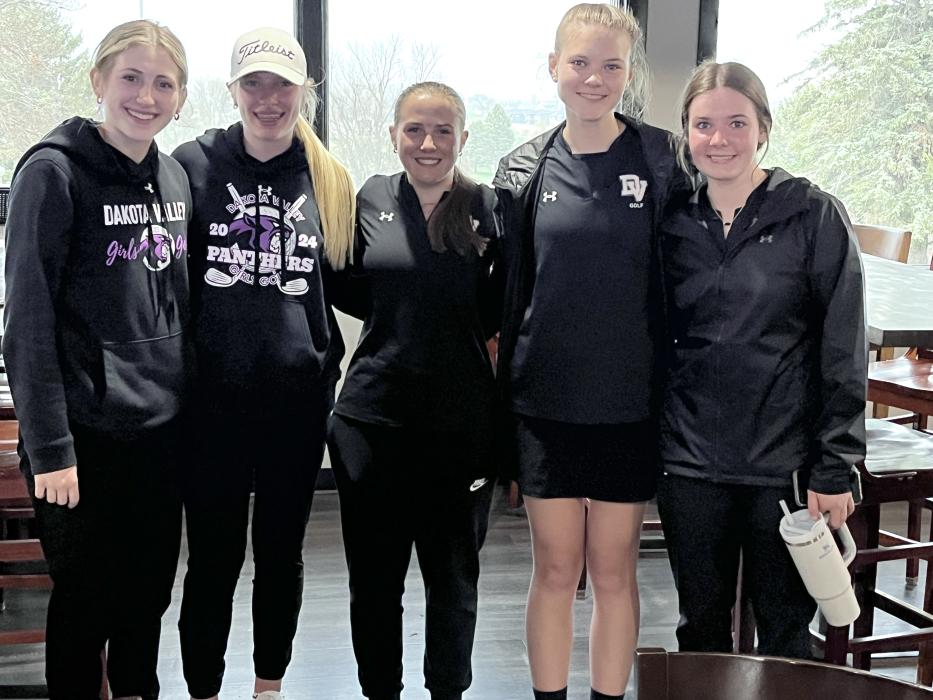 The DV varsity golfers hit the links in Dell Rapids on Tuesday, April 30. Pictured left to right are Reagan Granstrom, Katie Betsworth, Addicyn Sailer, Sage Agrimson, Leah Crombie. Photo submitted