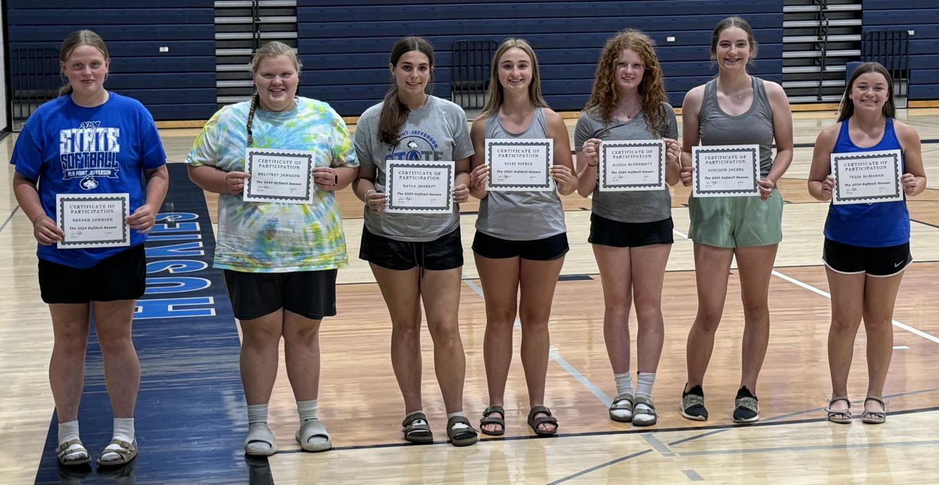 Participation awards to those in EPJ softball were awarded to multiple Huskies on June 13, 2024. From left Breann Johnson, Brittany Johnson, Kayla Sharkey, Kylee Pierce, Lexi McDermott, Addison Jacobs, and Tessa McMahan. Submitted photo