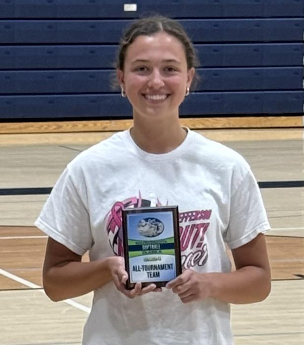 EPJ’s Paige Jacobs stands here, on June 13 2024, with her All State Tournament Team plaque. Submitted photo