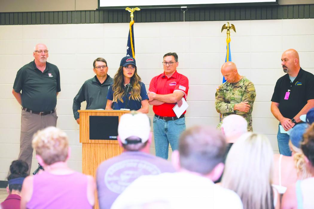 Gov. Kristi Noem leads a press conference June 23, 2024, in North Sioux City on flooding in the area.  Courtesy of Governor’s Office