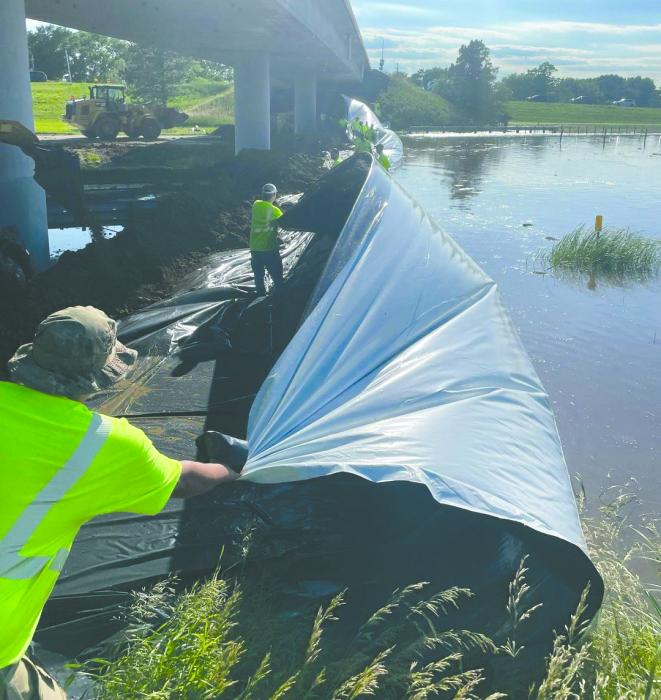 South Dakota Department of Transportation workers created a temporary berm on I-29 at Exit 4 McCook Lake on June 23, 2024. The interstate was closed from Exit 2 to Exit 9 and later extended to Exit 26. Photo courtesy of the SDDOT