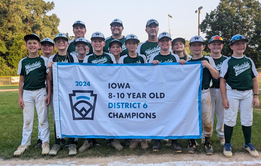 The 2024 10U Westside Little League All-Stars team defeated the LeMars All-Stars in the district finals on Sunday, July 14. The roster advanced to state with the win and many players live in the Dakota Dunes, North Sioux City and McCook Lake areas. Back row from left : Assistant Coach Gary Riibe Jr., Head Coach Mike Galles, and Assistant Coach Scott Frazee. Middle row from left: Parker Jennett, Jordy Mousel, Logan Frazee, Miles Carter, and Ty Janssen. Front row from left: Carter Dailey, Jack Galles, Alex Al