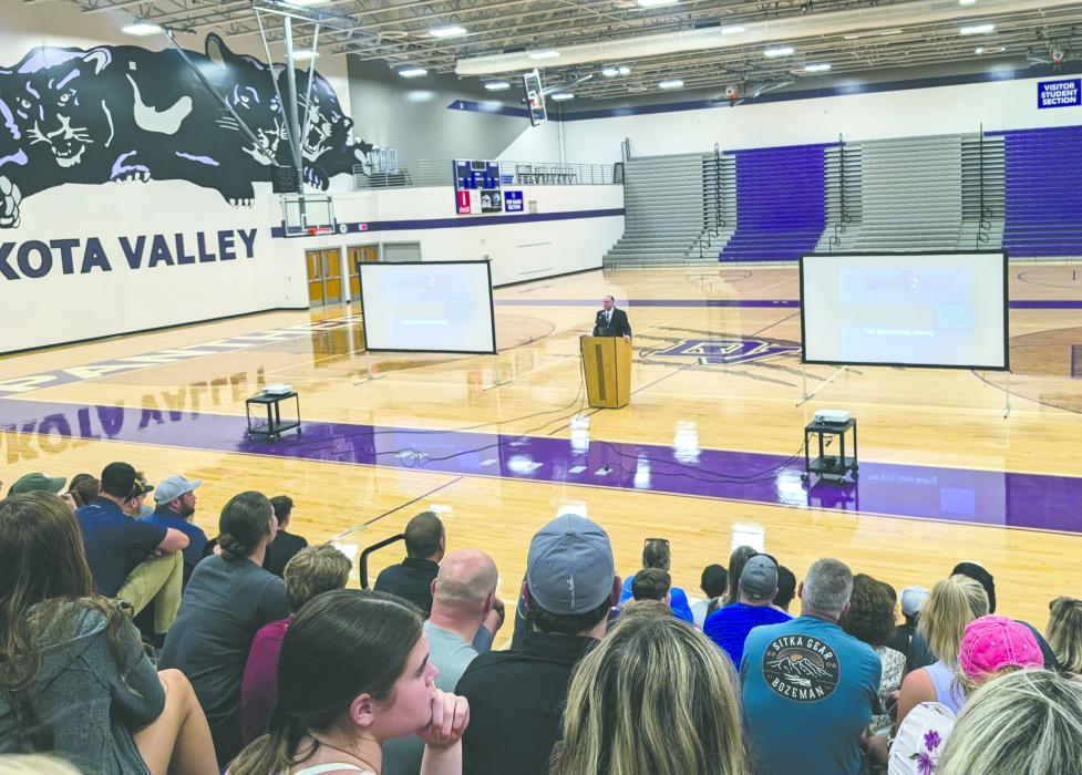 DV Athletic Director Bill Clements ran the fall sports meeting on Monday, August 5 in the DV HS gym. Photo by Kelly Riibe • times2reporter@gmail.com