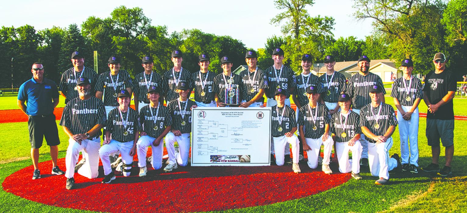 14U DV Legion Baseball Team wins state on July 28. Back row from left: VFW Representative Jason Brown, Craig Bryan, Noah VerDoorn, Breckyn Gonzalez, Cole Brown, Tyler Kloucek, Cam Curry, Tanner Boonstra, Vaughn Hoffman, Jacob Long-Rud, Eli Orris, Coach Joe Vondracek, Matthew Bryan, VFW Representative Adam Rosheim. Front row from left: Coach Paul Bruns, A.J. Cheever, Drake Vondracek, Tate Bernard, Aaron Bruns, Andrew Scott, Geno Irwin, and Coach Adam Bernard. Photo by Peterman Sports Photography • stevepeter