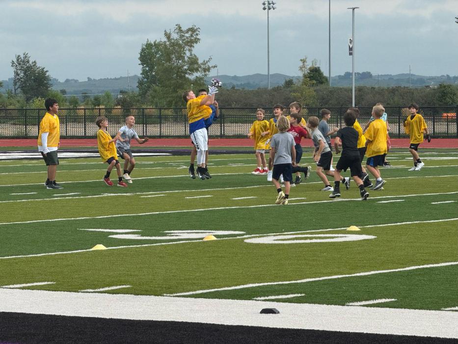 Purple Panther football players, in grades 3rd-6th, were able to attend a youth camp on Thursday, August 15 from 9 a.m. to 11 a.m at Dakota Valley. The high school football team was on hand to help as campers ran drills and played games on turf field. It was a free will donation camp that requested jars of diced pickles and powerade for the high school team. Submitted photos