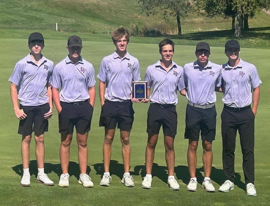 The Panther varsity boys golf team stands with their 1st place team plaque. From left: Cash Slater, Matt DeBeer, Tyler Cornelsen, Tate Cornelsen, Logan Collette, and Dylan Lukken. Submitted Photo