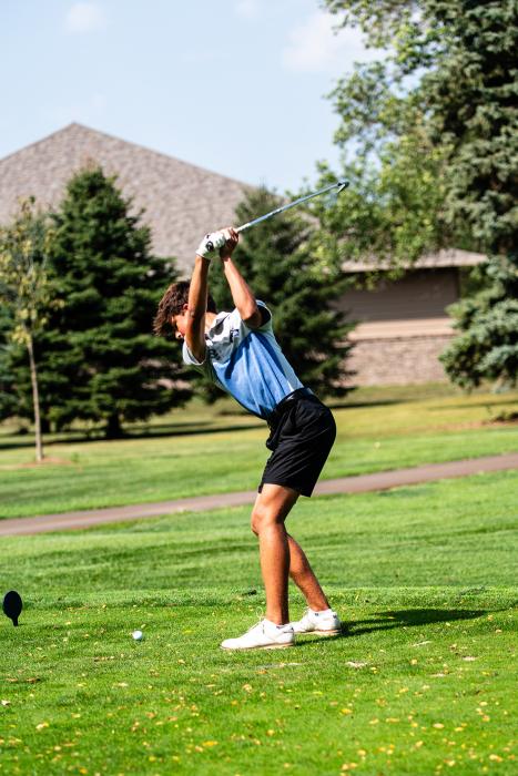 Ben Akin teeing off against Vermillion on September 12. Photos by Peterman Sports Photography stevepeterman5@gmail.com