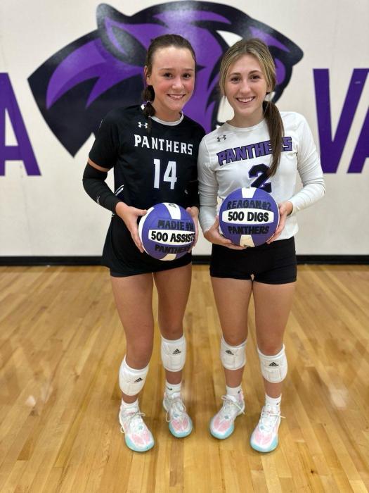 The start of October was great for two Panther volleyball players who hit big milestones. Madie Munch secured her 500th assist and Reagan Granstrom picked up her 500th dig. From left: Madie Munch, and Reagan Granstrom. Submitted photo