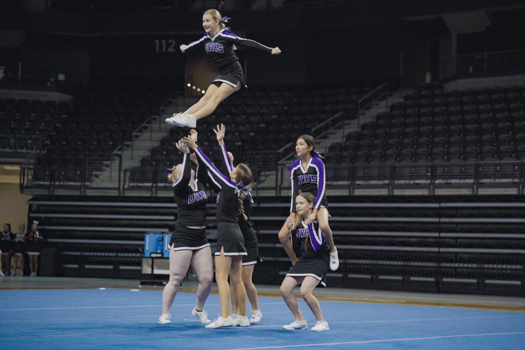 The Dakota Valley competition cheer squad performed in the Class A state contest on Friday, October 25, 2024. Photos courtesy of SDPB