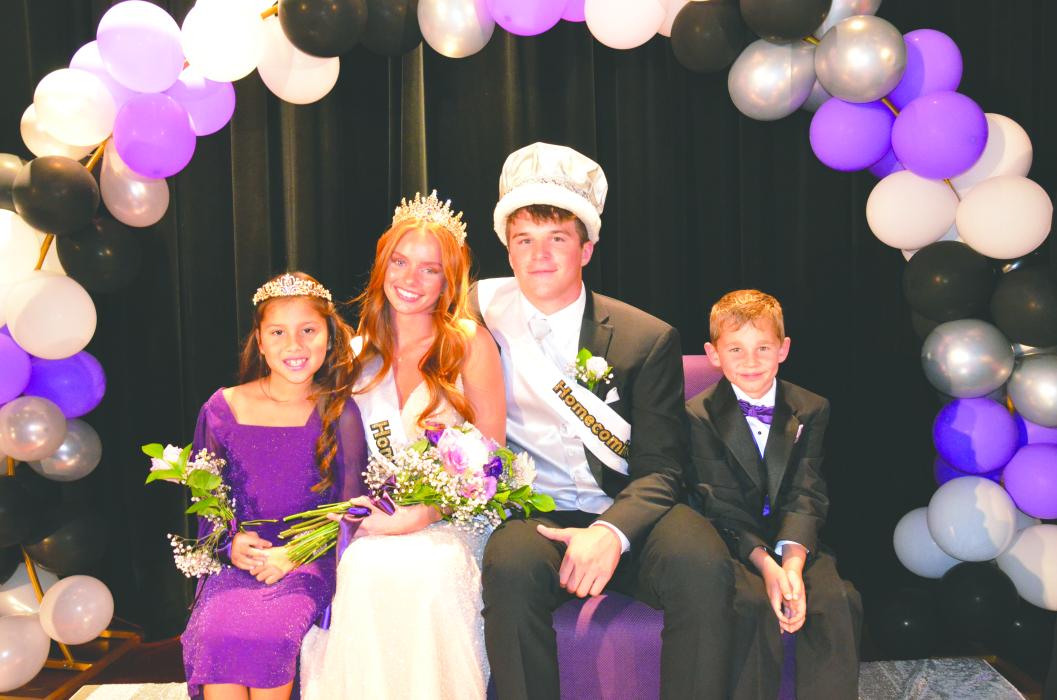 The 2024 Dakota Valley HOCO queen, king &amp; crown bearers, from left: Aubrie Harlan, Queen Sammie Pollema, King Drew Lukken, and Everett Carreau. Photo by Kelly Riibe • times2reporter@gmail.com