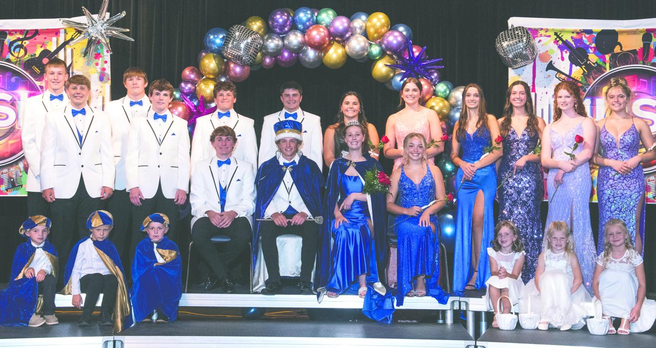 The Elk Point-Jefferson homecoming court, front row from left: Ben Schmitz, Colten Hansen, Jasper Wallery, Hannah Truhe, Kaiya Haveman, and Jocelyn Donnelly. Seated from left: Grayson Girard, Carter Langle, Izzy Connors, and Kaitlyn VanRoekel. Back row from left: Owen Boyle, Andrew Quiett, Keaton Hinds, Beau Schmitz, Gunner Ewing, Keaton Gale, Courtney Brewer, Ashley Brewer, Chloe Niles, Paige Jacobs, Lexi McDermott, and Gracelynn Bruns. Photo by Peterman Sports Photography • stevepeterman5@gmail.com