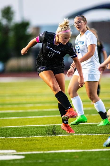 Senior Ella Schmiedt sends the ball up field for the Panthers during their playoff game versus Garretson.
