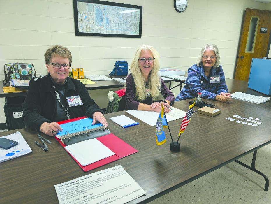 Election officials, for Precinct 7 in Elk Point, checked in voters at the Union County Courthouse on Tuesday, Nov. 5, 2024. From left: Pat Wennblom, Julie Erps, and Jeanne Hanson. Photo by Kelly Riibe • times2reporter@gmail.com