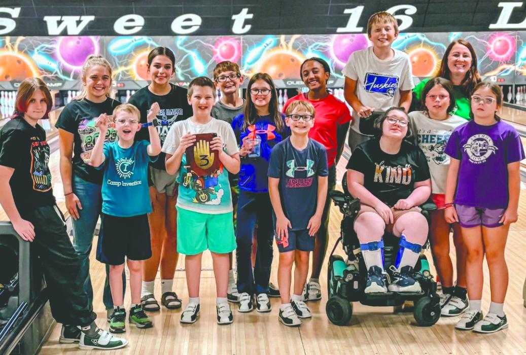 This year is the 2nd year of the team participating in special olympic bowling. The team consists of 4 unified partners and 9 athletes. Front row from left : Samantha Dudley, Griffin Sorum, Kyle Dudley, Clara Lambing, Nathan Rogers, Brystol Gabel, and Korbyn Vogt, Elly Gabel. Back row from left: Graclynn Bruns, Kayla Sharkey, Jackson Sharkey, Layla Ballard, Rawsen Vogt, and Cassandra Schmith. Submitted photo