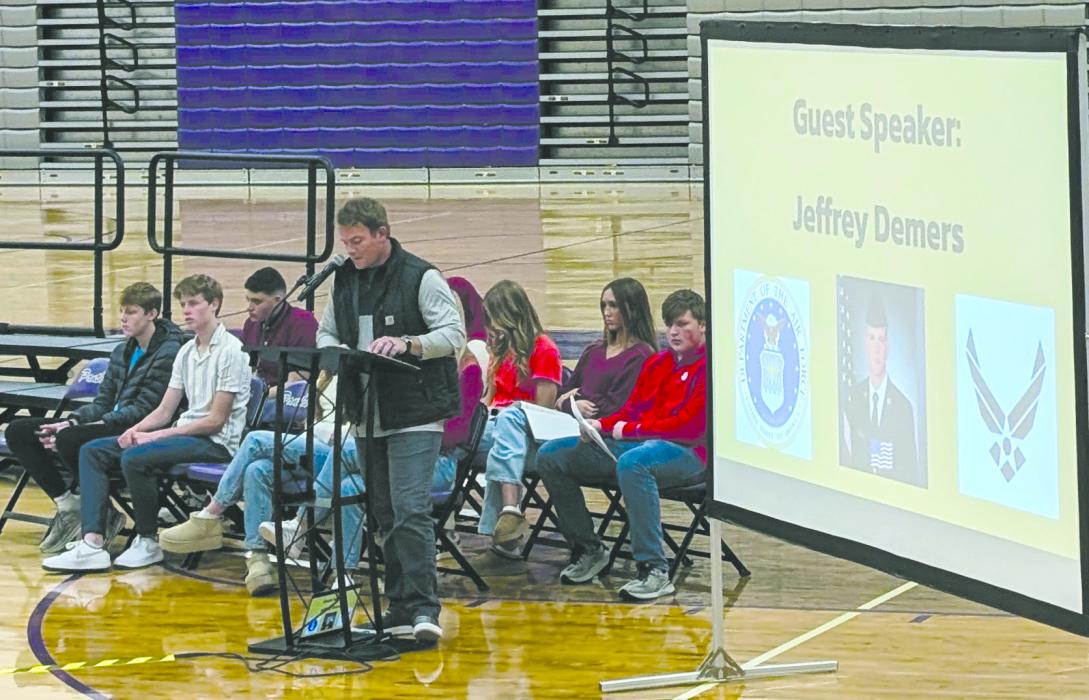 Jeffrey Demers, of Wynstone, was the guest speaker at DV's Veterans Day program on Nov. 11, 2024. Demers served in the United States Air Force. Photo by Kelly Riibe • times2reporter@gmail.com