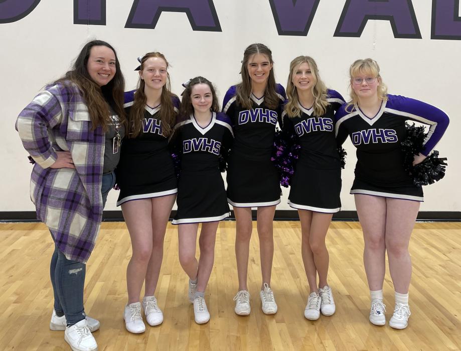 The Panther sideline cheer squad has been working hard at home basketball games to keep the crowds loud and engaged during contests this 2024/25 season. From left: Cheer Coach Justine Sponder, Meredith Ganschow, Bailey Link, Austyn Koedam, Abigail Wagner, and Sunny Byington. Submitted photo