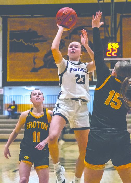 Ella Otten goes up strong for the shot against Groton at Mitchell’s Corn Palace.