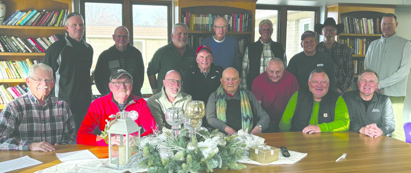 Former Elk Point students and  faculty met in Sioux Falls in December to celebrate Glen Nelson’s 97th birthday. Glen taught at Elk Point from 1973-1985. He also coached football, wrestling & track during his tenure. Back from left: Todd Larsen, Gene Kjose, David Staum, Roger Schaffer, Craig Schoen, Glen Malloy, Jim Bradshaw, and Doub Pesicka. Front from left: Bob Vanderlinde, Al Nickles, Chuck Parsons, Craig Nelson, Glen Nelson, Marvin Knecht, Mark Hoffman, and Mike Hieb. (Craig Matson was in attendance but