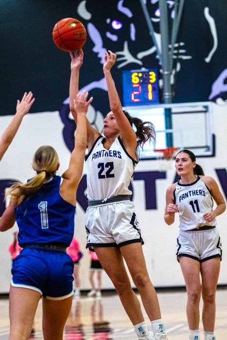 Freshman Aubree Worden takes a shot versus SFC. Her teammate Cameryn Sommervold watches from behind her.