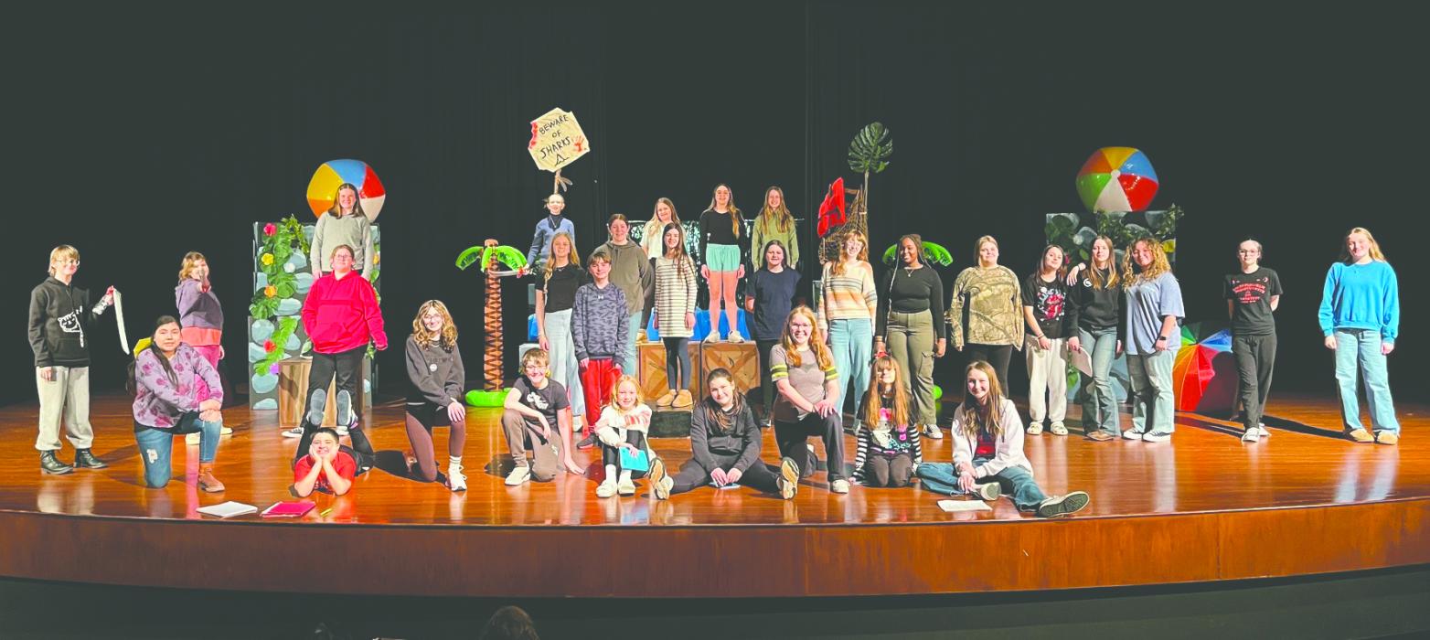 Many of the Dakota Valley cast and crew for the upcoming middle school play are seen here onstage in the Panther's Performing Arts Center. The play will be held on Monday, March 17, and Tuesday, March 18, 2025, from 7 p.m. to 8 p.m. Submitted photo