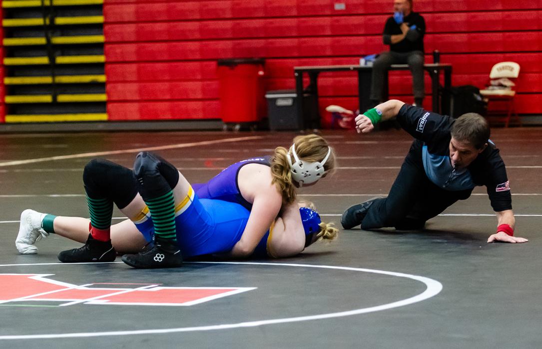 Panther freshman McKenzie Scott works hard during her match, at the Yankton tournament, on Friday February 7, 2025. Photo by Peterman Sports Photography • stevepeterman5@gmail.com