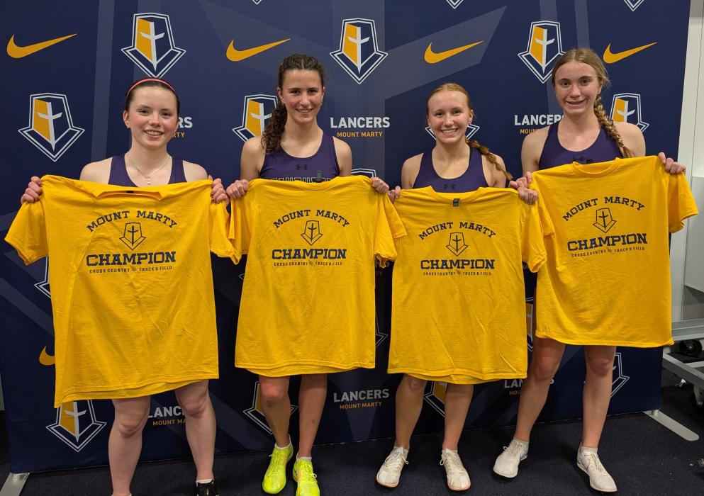 These four Panthers claimed 1st place in different relays at the indoor track meet hosted by Mount Marty University on Thursday, March 27, 2025. From left: Mia Riibe, Sophie Redler, Maylee Rose, and Alex McCullough. Photo by Kelly Riibe • times2reporter@gmail.com