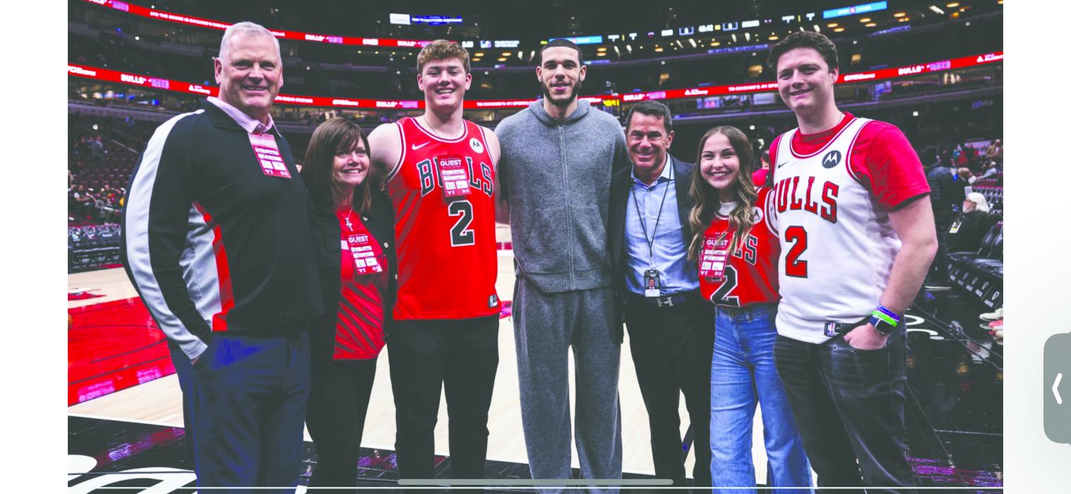 Chicago Bulls professional basketball player, Lonzo Ball, met with family members of Alex Reinhardt prior to his NBA game on Wednesday, April 9, 2025. From Left: Carl Reinhardt, Angie Reinhardt, Seth Reinhardt, Lonzo Ball, Dr. Brian Cole, Kia Gjoraas, and Cole Reinhardt. Submitted photo