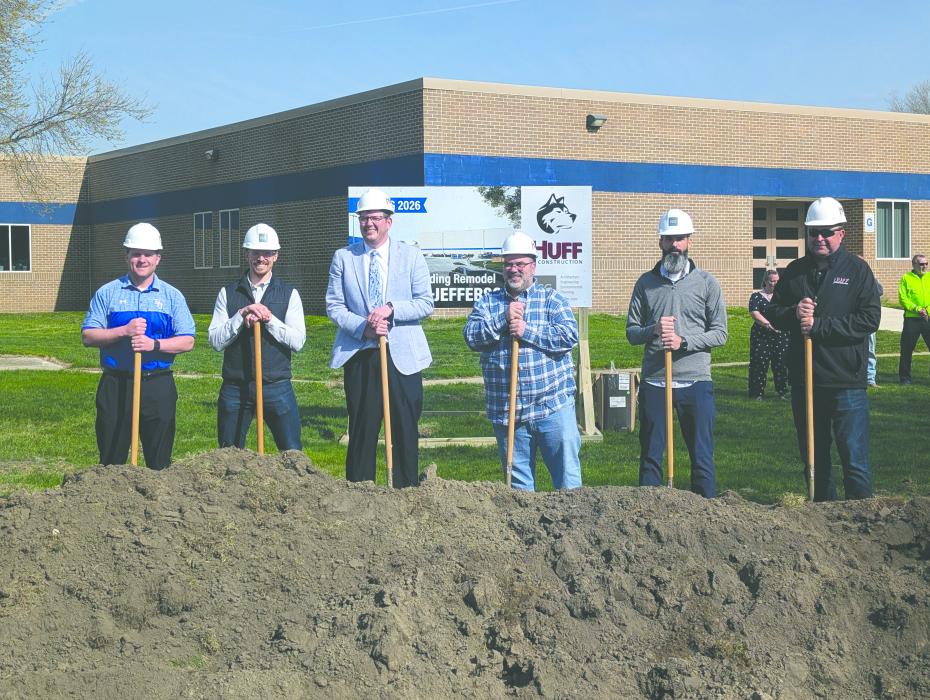 On April 16, 2025, EPJ’s superintendent Philip Schonebaum and principal Skyler Eriksen were accompanied by others to break ground for the school’s new kitchen and cafeteria. Photo by Kelly Riibe • times2reporter@gmail.com