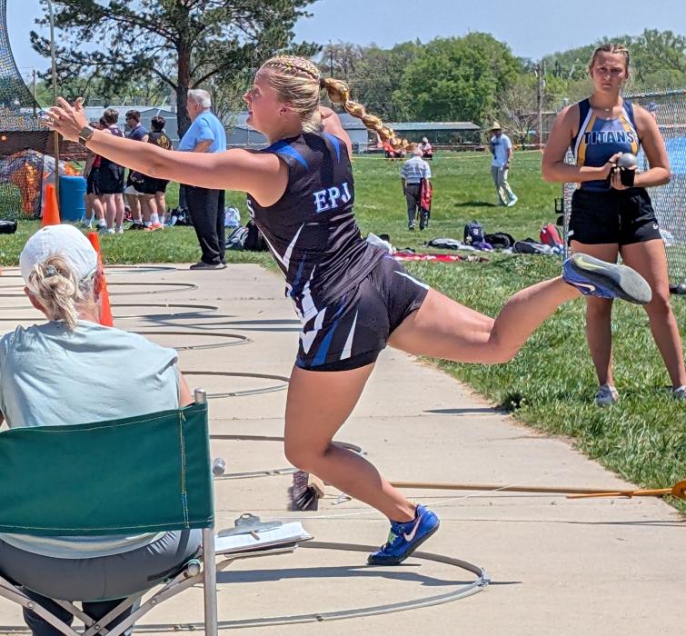 Molli Harkin placed 2nd in the girls shot put, for the Huskies, at the 2025 First Dakota Relays in Yankton. Photo by Kelly Riibe • times2reporter@gmail.com