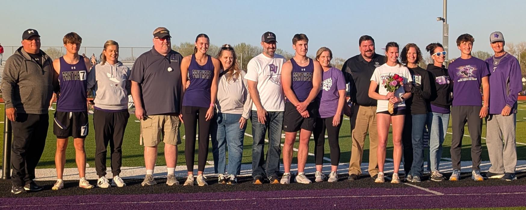 It was senior night for DV track and field at the Panther’s home meet on April 29, 2025. All of the 12th grade athletes were introduced and recognized for their hard work during the event. From left : Rusty Montagne, Gunner Montagne, Rachel Derochie, Jason Jund, Jamisyn Jund, Tiffany Jund, Adam Konopasek, Preston Konopasek, Gail Konopasek, Troy Redler, Sophia Redler, Sara Redler, Katy Brown, Jack Brown, and Shawn Brown. Photo by Kelly Riibe • times2reporter@gmail.com