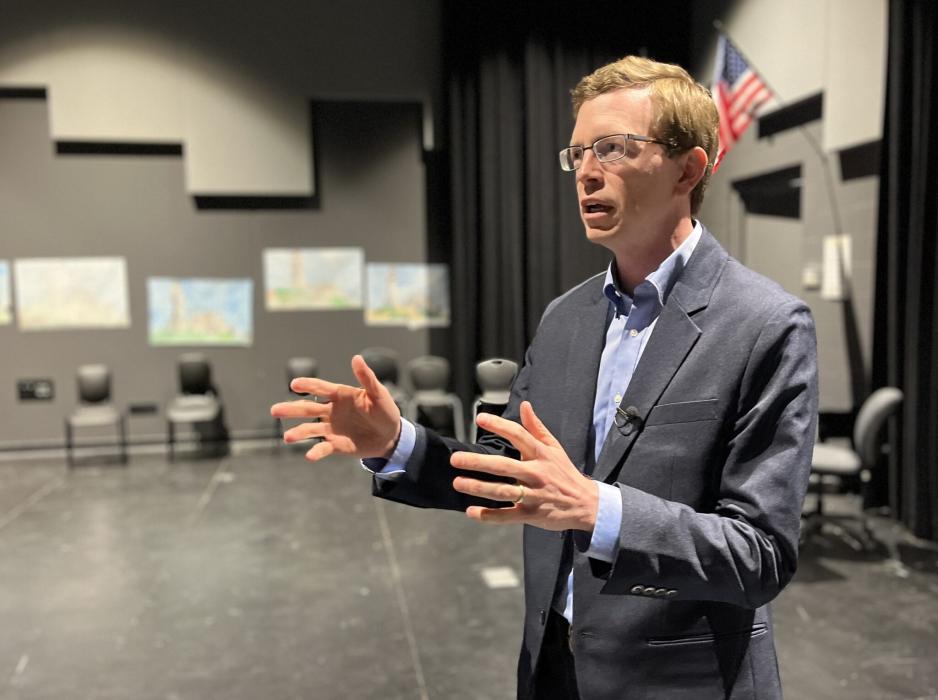 U.S. Rep. Dusty Johnson, R-South Dakota, speaks with students on May 19, 2023, in Sioux Falls. (Joshua Haiar/SD Searchlight)