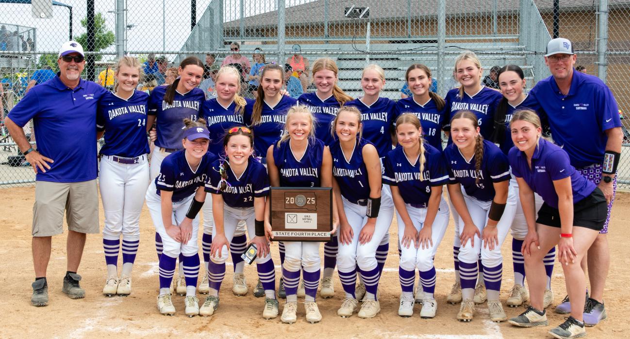 The Dakota Valley Panthers placed 4th at the 2025 Class A state softball tourney in Aberdeen. Back row from left: Coach T.C. Weinandt, Brennan Trotter, Madie Munch, Ellison Rose, Annie Bourne, Paige Moffatt, Lexi Stusse, Payten Konopasek, Chaley Preston, Tatum Pence and Asst. Coach Jason Anderson. Front rowfro left: Mallory Riibe, Mia Riibe, Addison Dickson, Bria Perryman, Audrey Sindt, Emma Barnett and Asst. Coach Kylee Lukes. Photos by Peterman Sports Photography • stevepeterman5@gmail.com