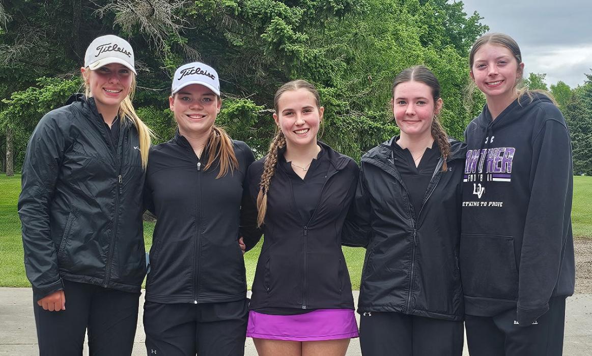 The DV girls varsity roster competed on May 23, 2025 and May 27, 2025 to close out their regular season of play for this season. From left: Katie Betswoth, Claire Weibelhaus, Addicyn Sailor, Leah Crombie, and Skylar Anderson. Submitted photo
