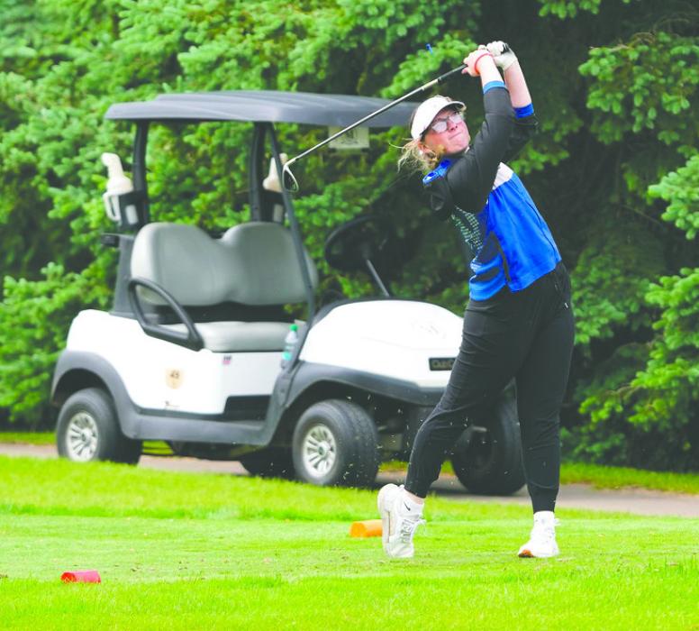Sailor Kommes tees off during the girls Class A state golf tournament. Photo courtesy of SDPB