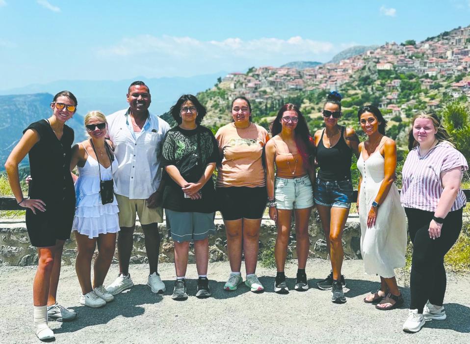 Dakota Valley students plus chaperones took a trip to Italy and Greece on June 8-21, 2025. From left: Jamisyn Jund, Carsyn Hoekstra, Mosiah Harlan, Stella Durr, Emellia Durr, KJ Jorgensen, Kiya Jorgensen, Demi Harlan and Jordyn Newman. Submittedphoto
