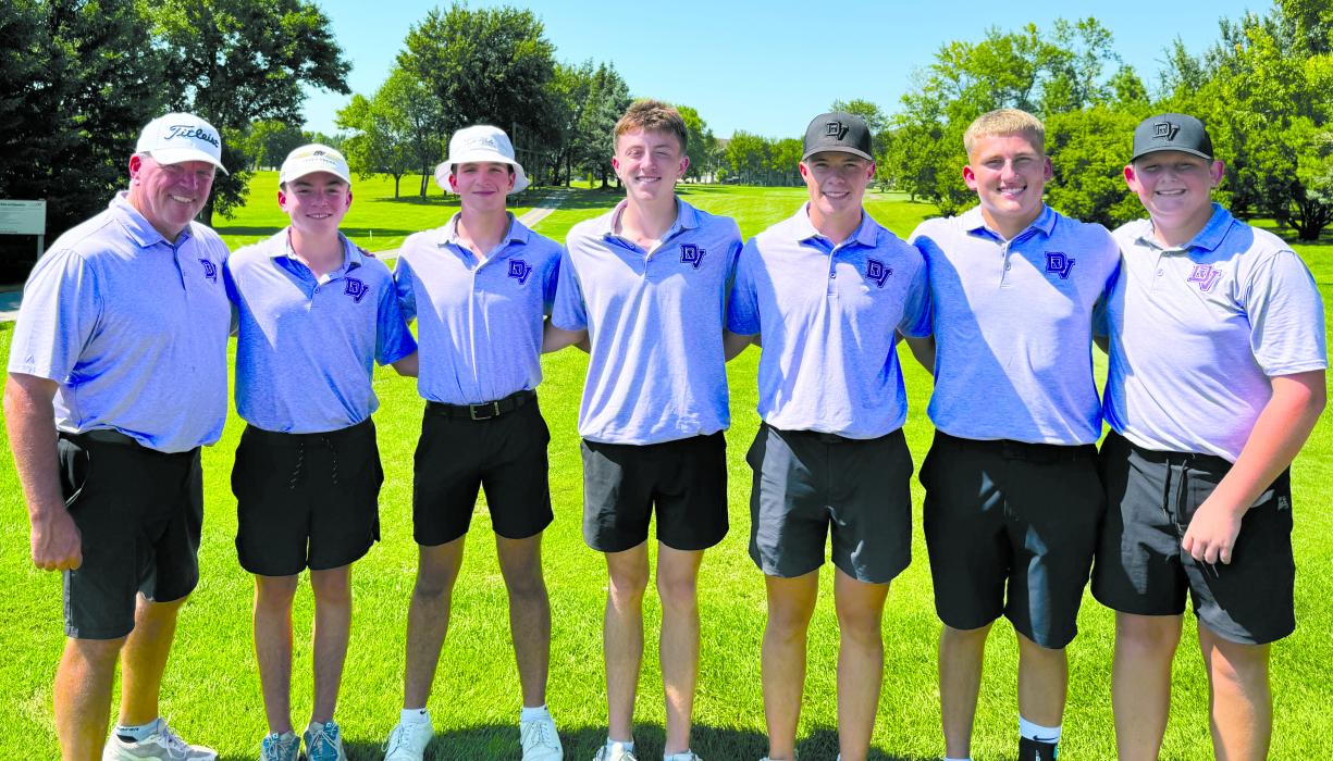 The DV boys varsity golf team tied for 1st place on August 19, 2025. From left: Coach Rodd Slater, Atti Slater, Tate Cornelsen, Cash Slater, Matt de Beer, Sean Meiske, Logan Brandon Submitted photo