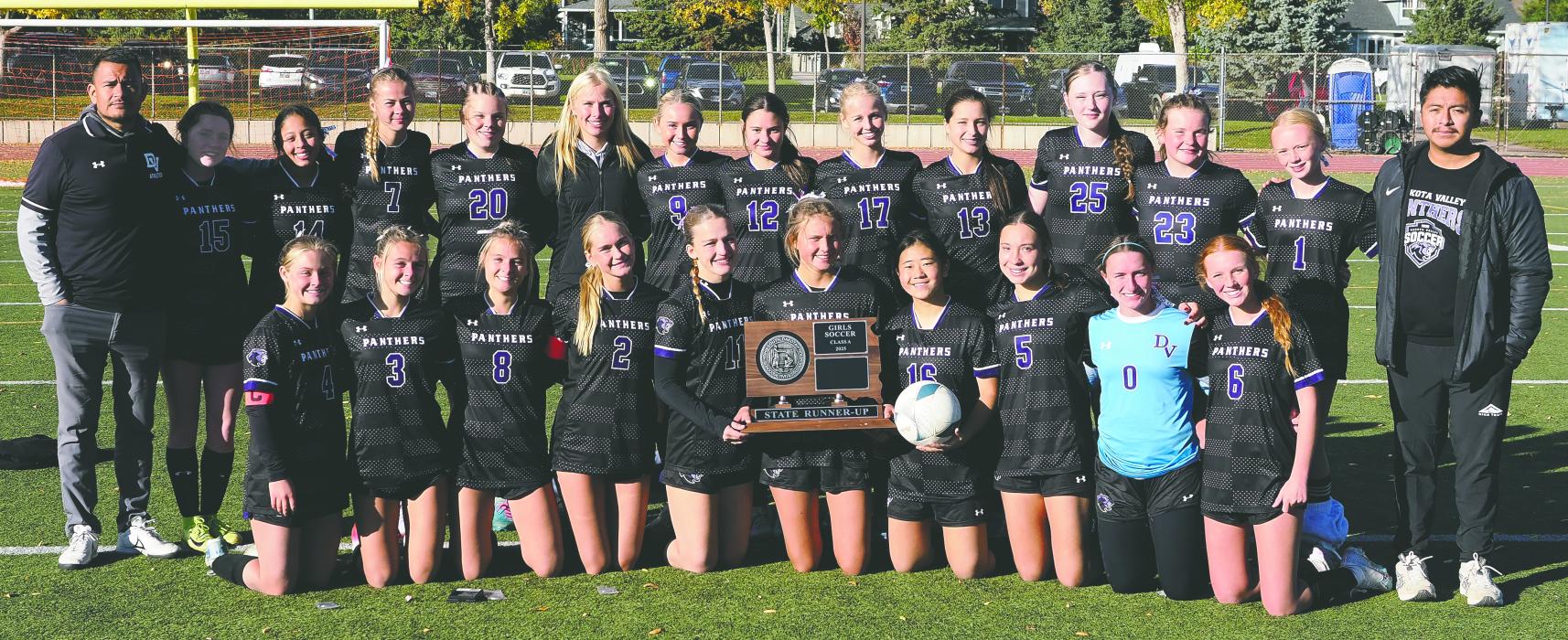 The Dakota Valley girls soccer team are the 2025 Class A runner-ups in South Dakota. Back row from left: Coach Jesse Castillo, Mallory Riibe, Ava Buck, Ava Beresford, Quinnlyn Bonstead, Katie Betsworth, Bella Stokes, Alli Martindale, Isabelle Carreau, Julia Bernard, Josie Mason, Eliana Corporon, Quinn Herbold, and Assistant Coach Cristobal Francisquez. Front row from left: Sophia Meyer, Millie Squier, Ava Squier, Alexis Stusse, Addison Wubbena, Ella Chamberlain, Tyra Yi, Isabella Mijangos, Emma Honner, and 