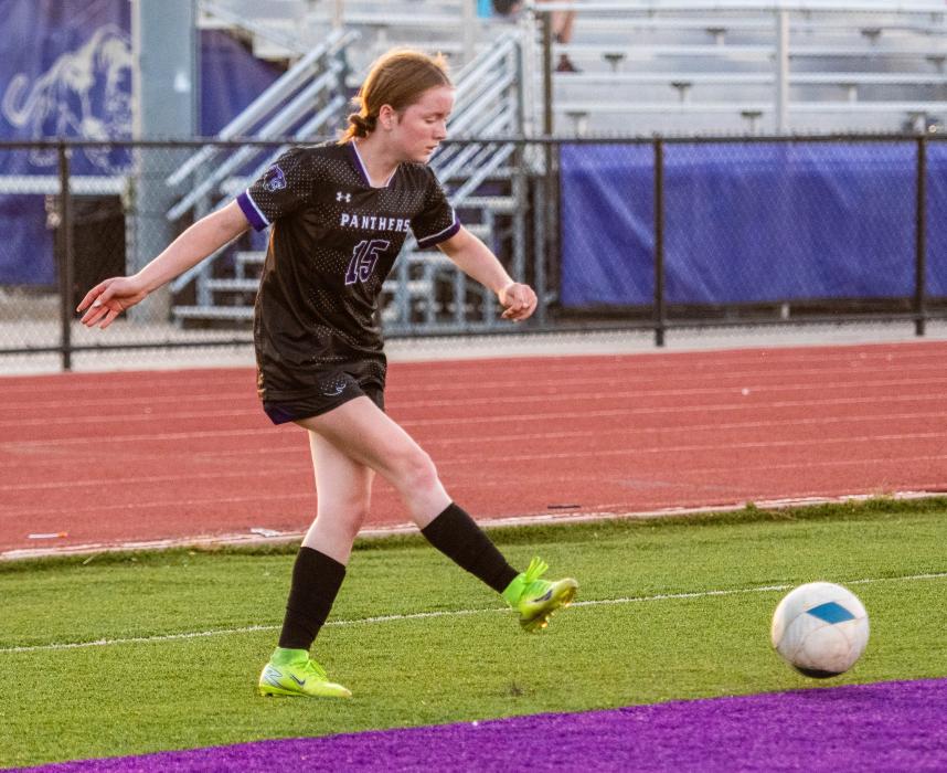 Panther 9th grader Mallory Riibe had a trio of goals, aka a hat trick, versus Vermillion on October 2, 2025. Photo by Peterman Sports Photography • stevepeterman5@gmail.com
