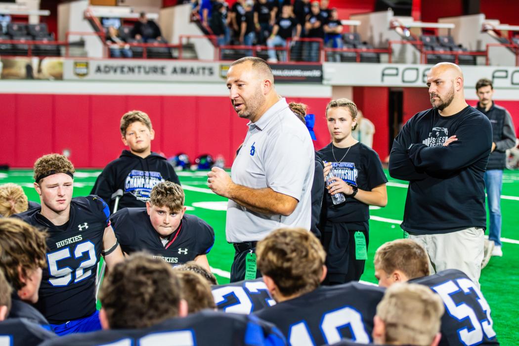Coach  Jacob Terry talks to his EPJ team, after the state finals, on November 14, 2025. Terry let his roster know that he was proud of them and discussed the great season they all had. Photo by Peterman Sports Photography • stevepeterman5@gmail.com