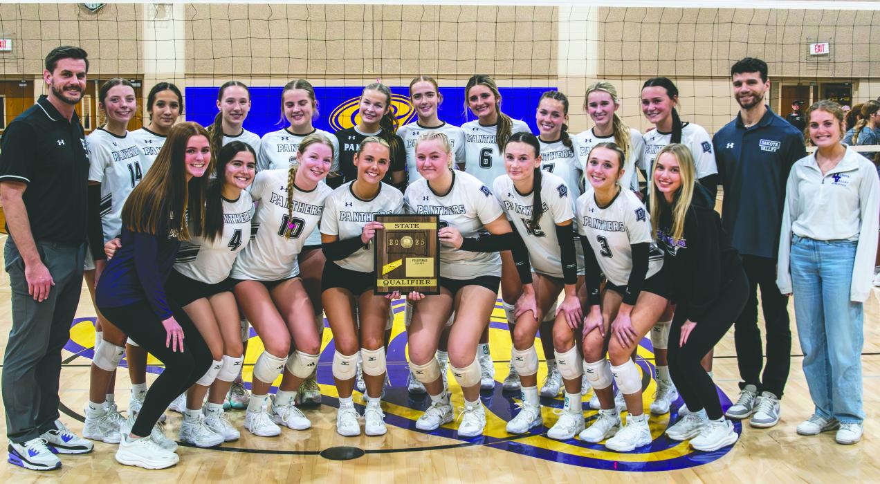 The Panther volleyball team defeated Platte-Geddes, on November 11, 2025, to advance to the state tournament. Back Row L-R: Skylar Anderson, Brenna Johnson, Tinsley Sorensen, Remy Probasco, Coryn Kimball, Taylor Piel, Aubree Worden, Taylor Pearman, Addi Bradshaw, Madie Munch. Front Row L-R: Samantha Swick, Samantha Kimbell, Bria Perryman, Jaidyn Jund, Claire Munch, Ava Redstone. Photo by Peterman Sports Photography • stevepeterman5@gmail.com