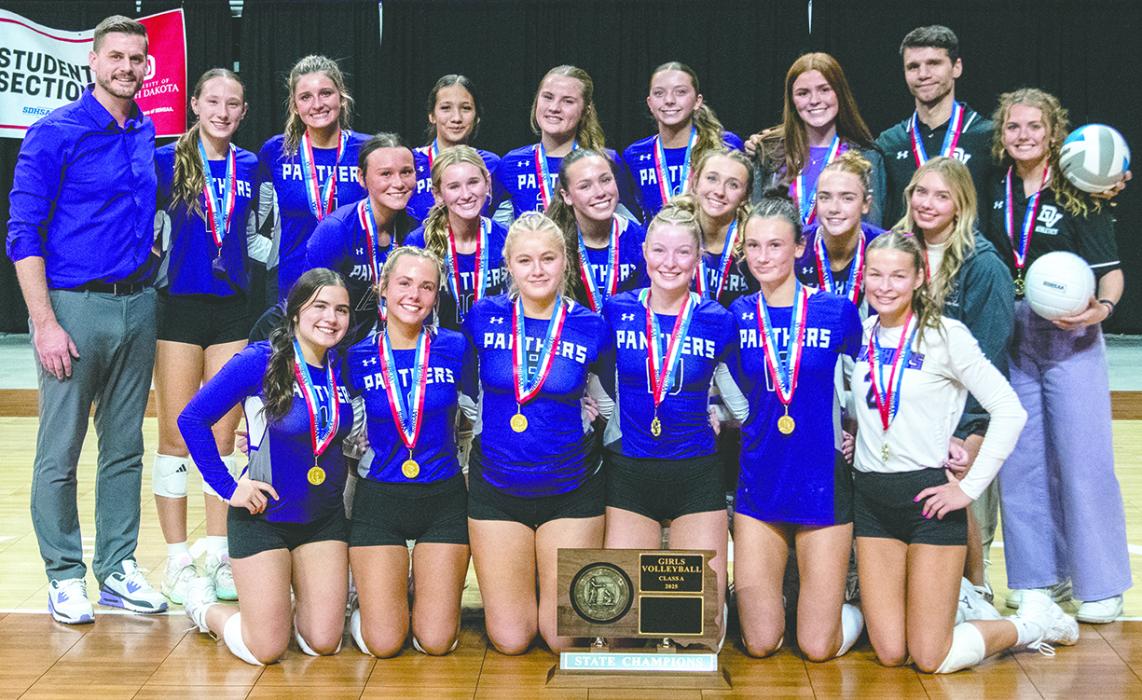 The Dakota Valley Panthers are the 2025 Class A state volleyball champions in South Dakota. Back row, from left: Head Coach Michael Whittlef, Tinsley Sorensen, Aubree Worden, Brenna Johnson, Remy Probasco, Skylar Anderson, Emily Olhausen, Assistant Coach Kristian O’Neill and Assistant Coach Kennedy Wineland. Middle row, from left: Madie Munch, Addi Bradshaw, Taylor Pearman, Ava Redstone, Taylor Piel and Bella Galles. Front row, from left: Sam Swick, Bria Perryman, Jaidyn Jund, Samantha Kimbell, Claire Munch